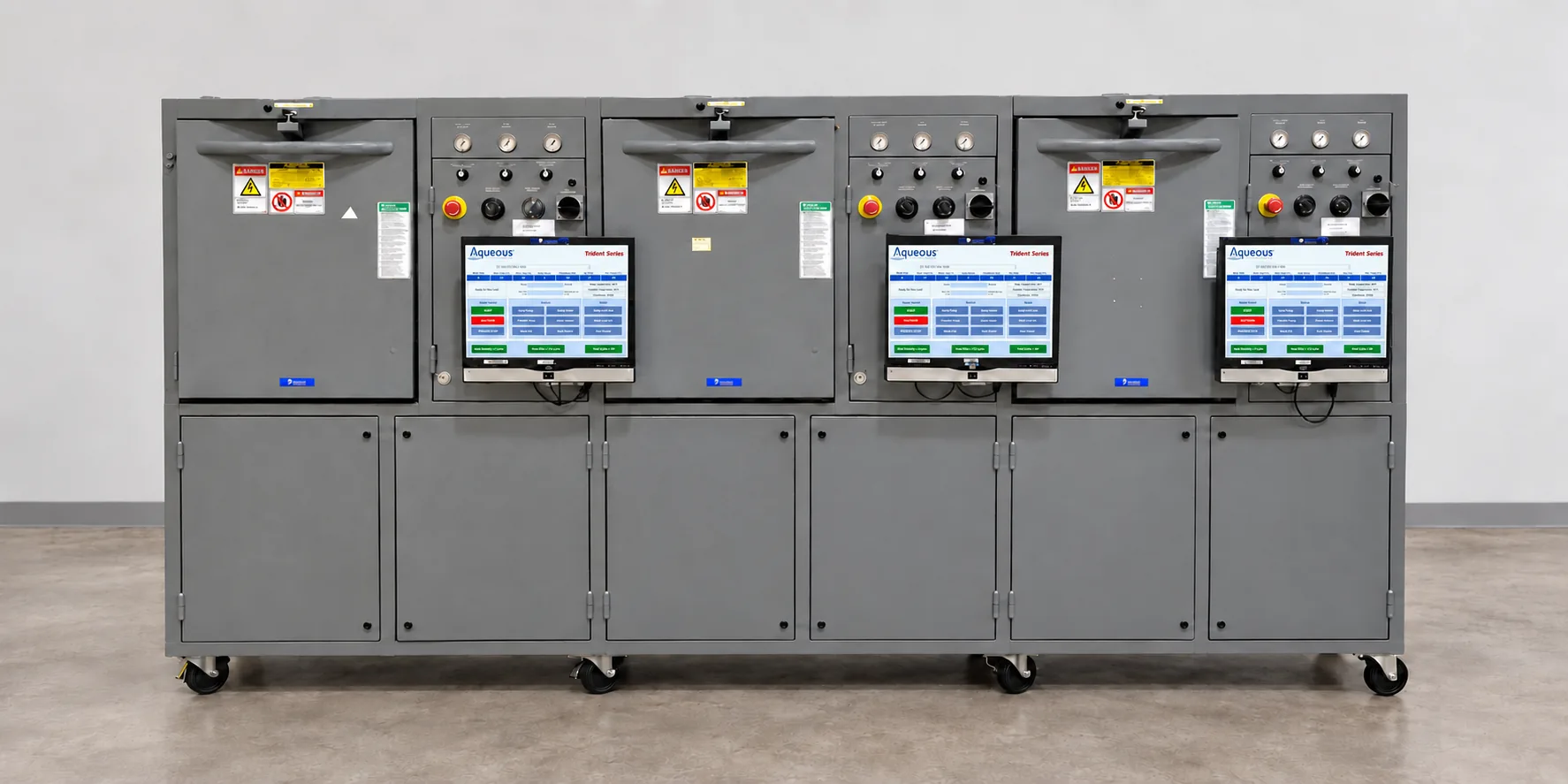 Three Aqueous Technologies Trident series batch cleaners lined up on casters